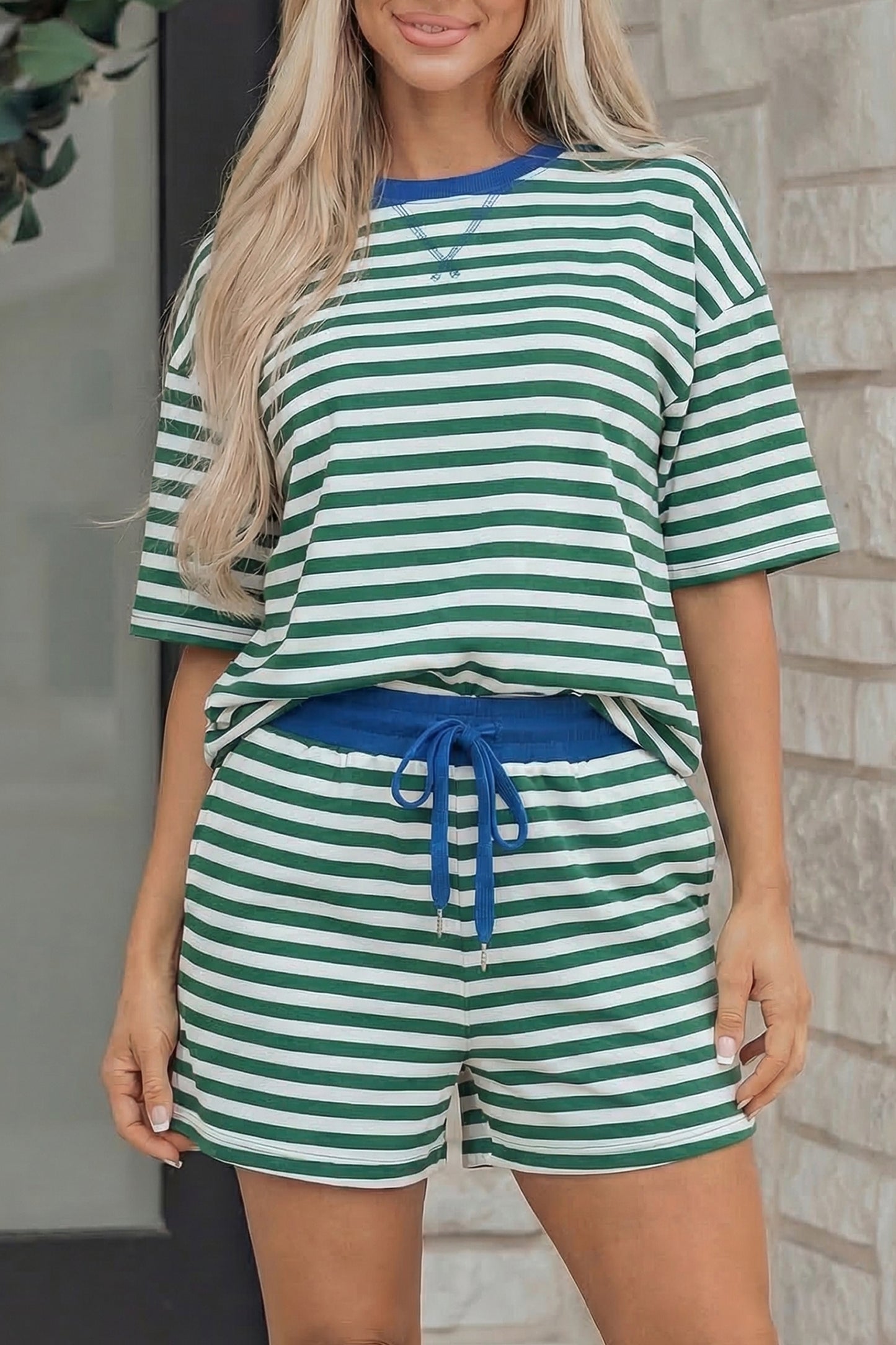 Yellow Stripe Drop Shoulder Boxy Casual Terry Short Set