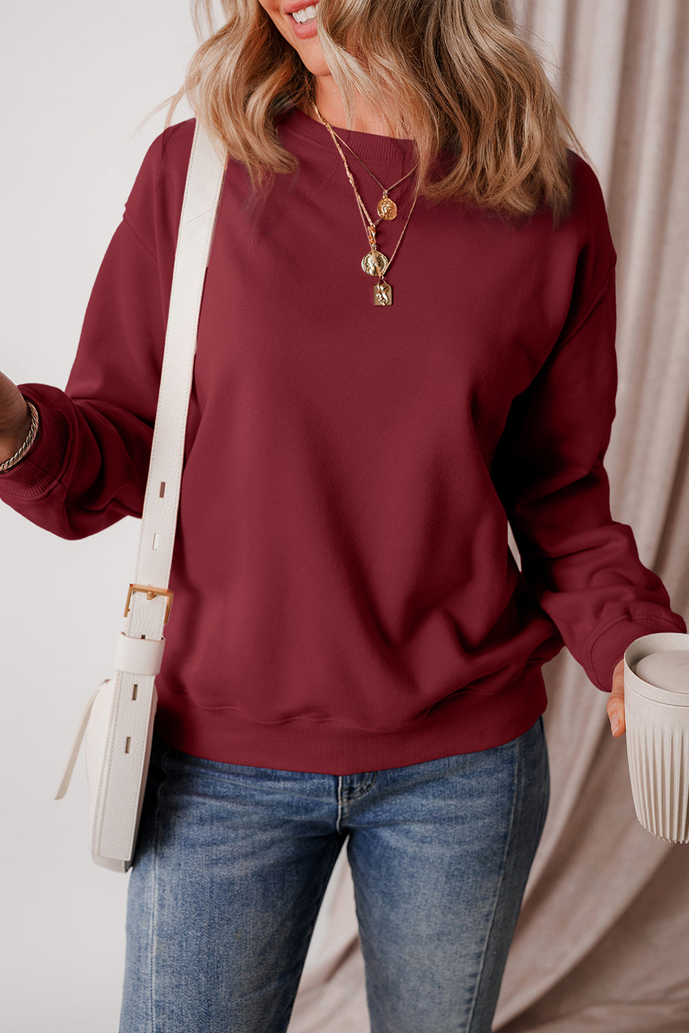 Burgundy Solid Fleece Lined Drop Shoulder Terry Sweatshirt