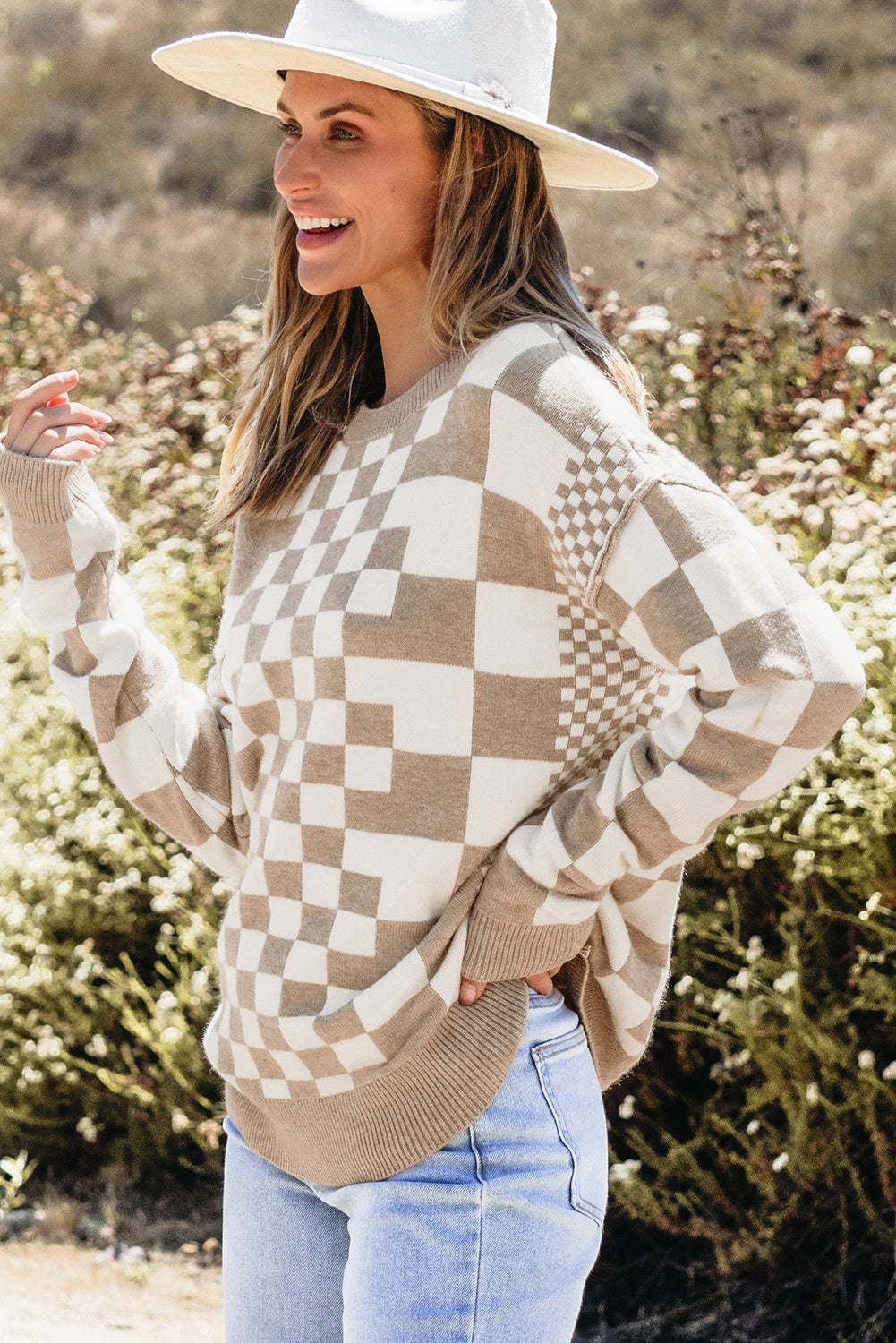 Gray Checkered Print Drop Shoulder Round Neck Sweater