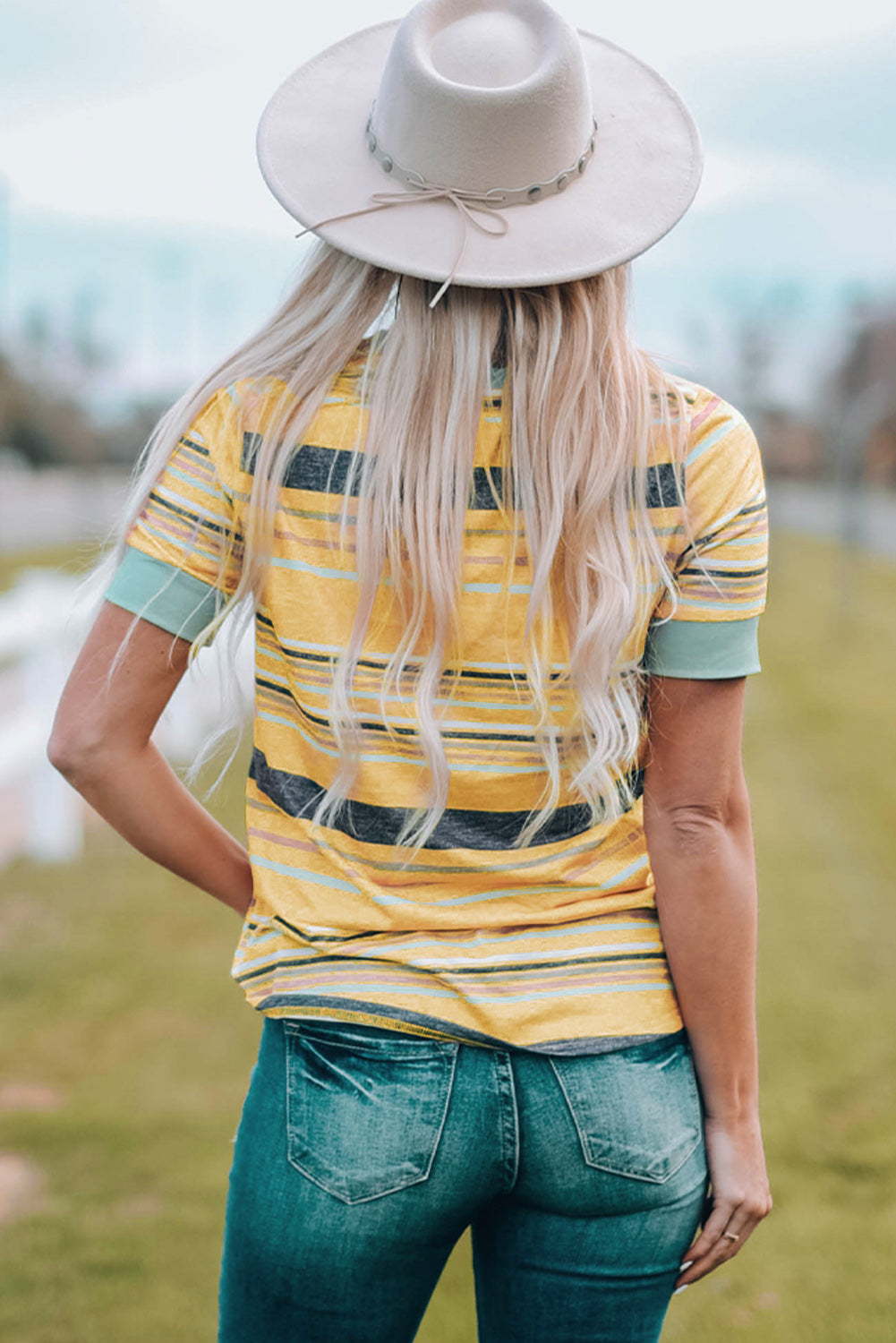 Pink Multicolor Stripes Crew Neck T Shirt