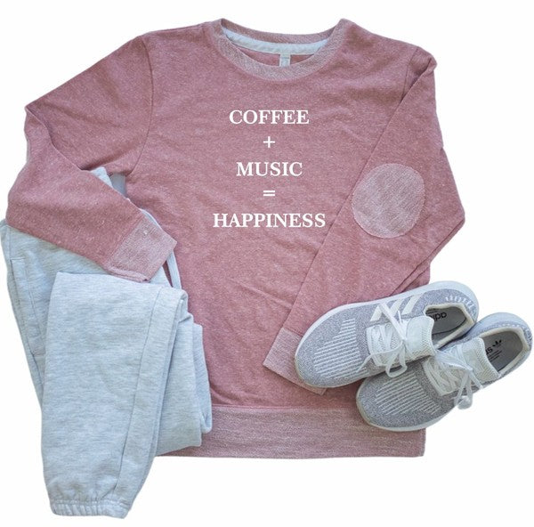 Coffee Music Happiness Crewneck Elbow Patch Crew