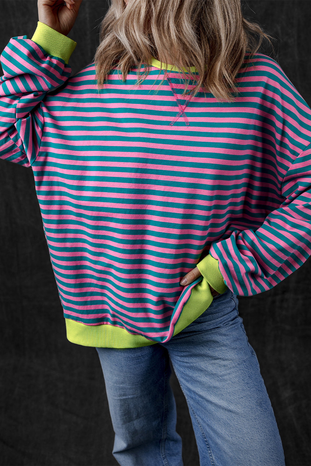 Red Stripe Oversized Contrast Trim Pullover Sweatshirt