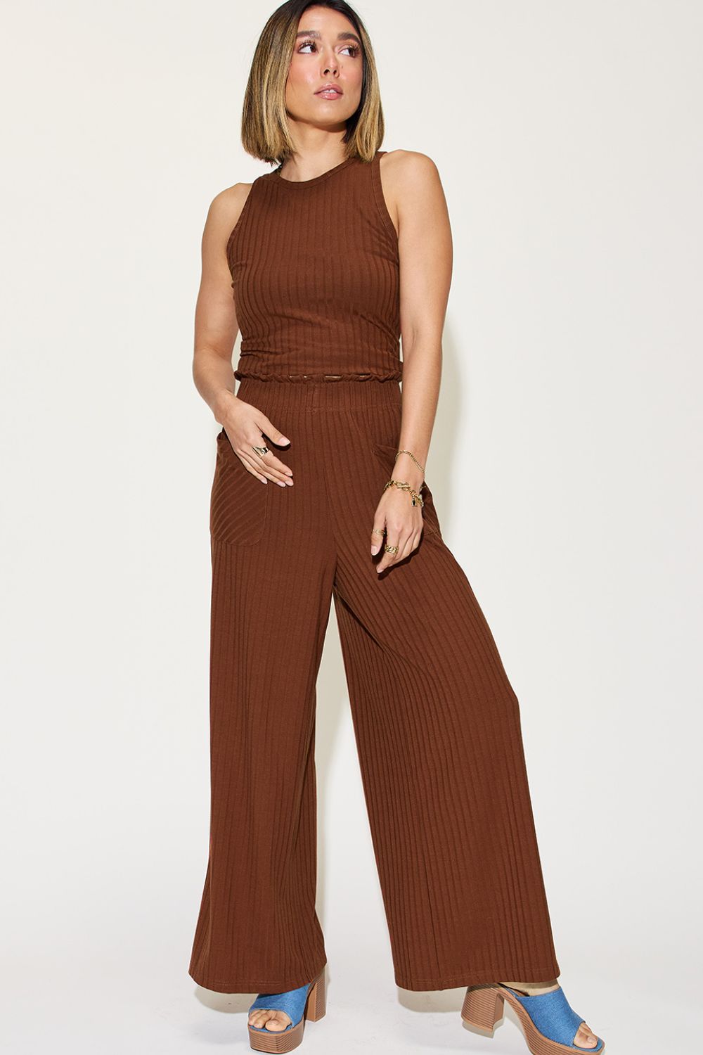 Ribbed Tank and Wide Leg Pants Set