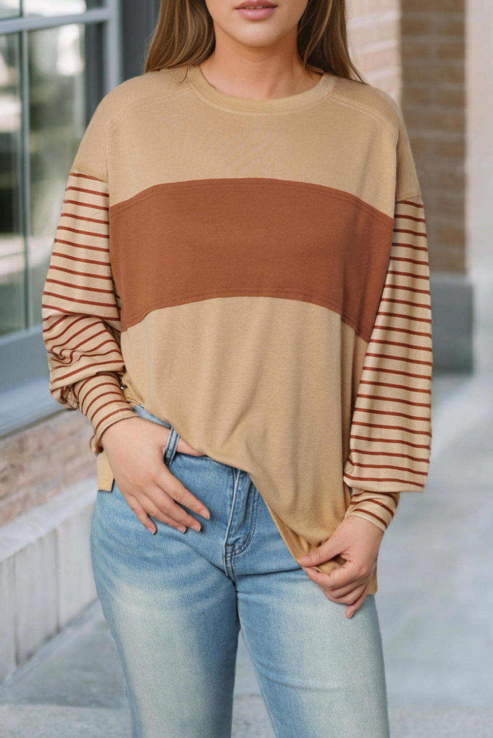 Green Colorblock Striped Bishop Sleeve Top