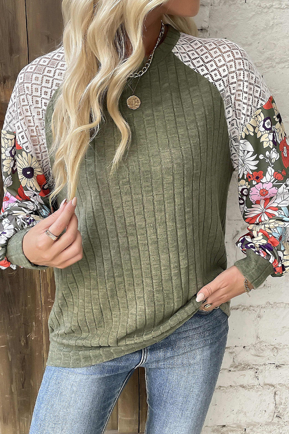 Black Floral Patchwork Long Sleeve Ribbed Blouse