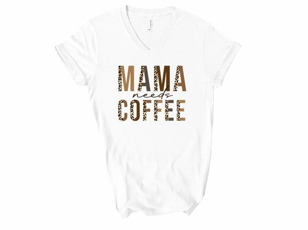 V-Neck Leopard Mama Needs Coffee Graphic Tee