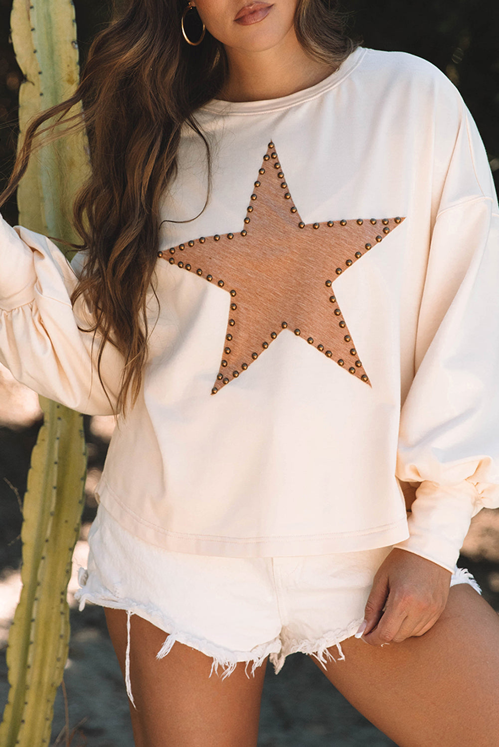 Gossamer Pink Studded Star Graphic Oversized Long Sleeve Top