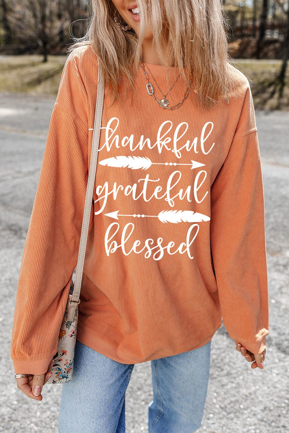 Orange thankful grateful blessed Arrow Graphic Corded Sweatshirt