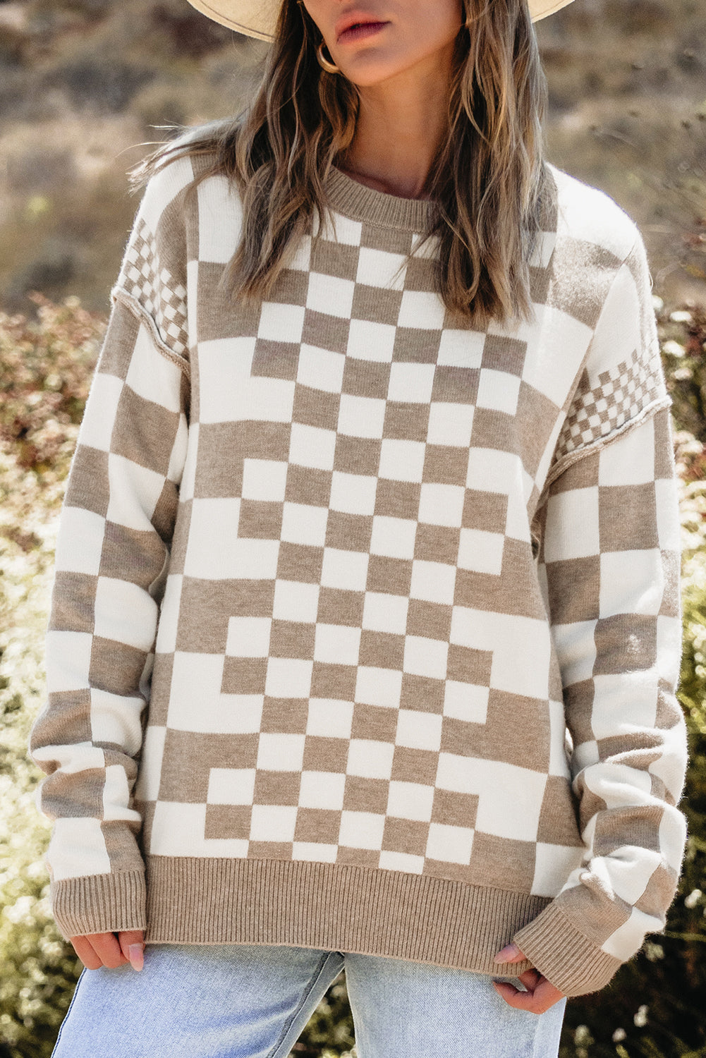 Gray Checkered Print Drop Shoulder Round Neck Sweater