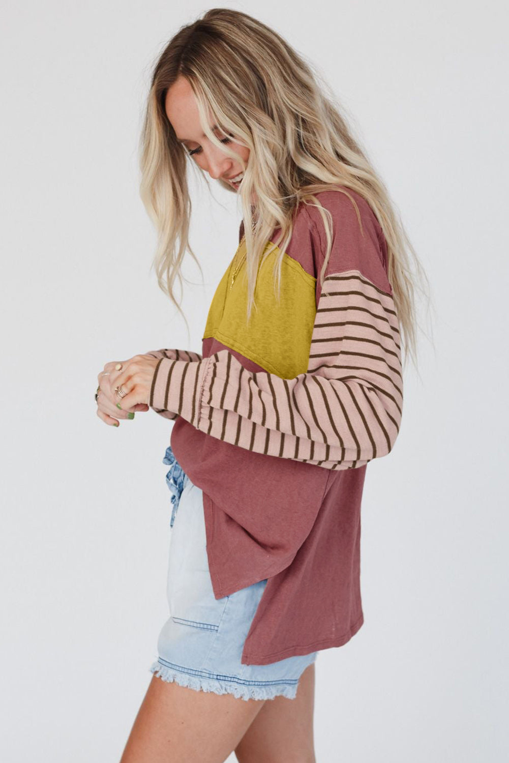 Green Colorblock Striped Bishop Sleeve Top