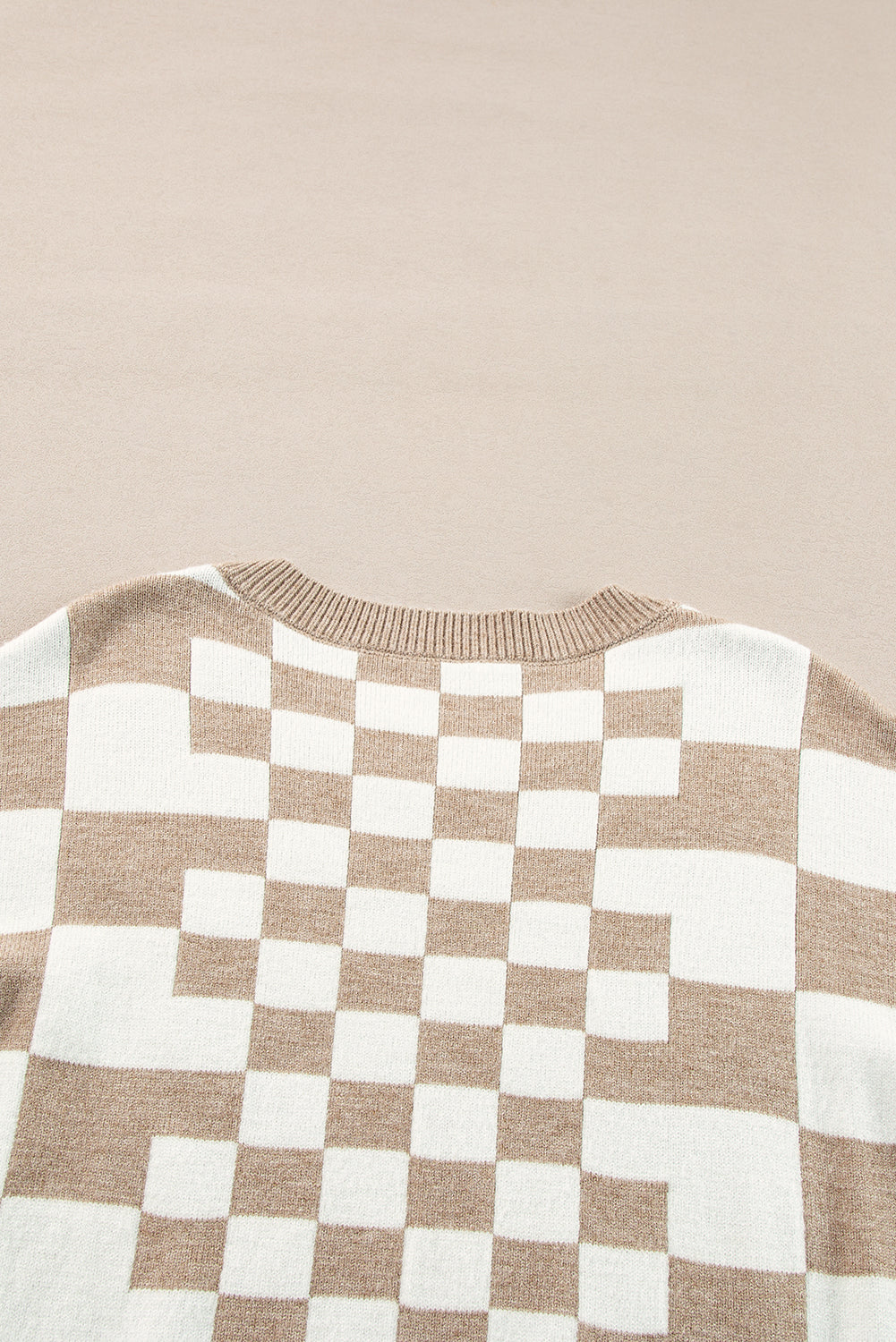 Gray Checkered Print Drop Shoulder Round Neck Sweater