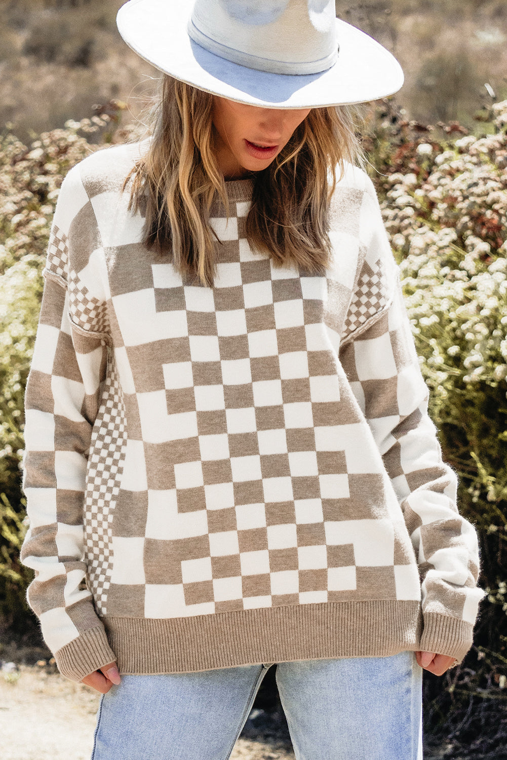 Gray Checkered Print Drop Shoulder Round Neck Sweater