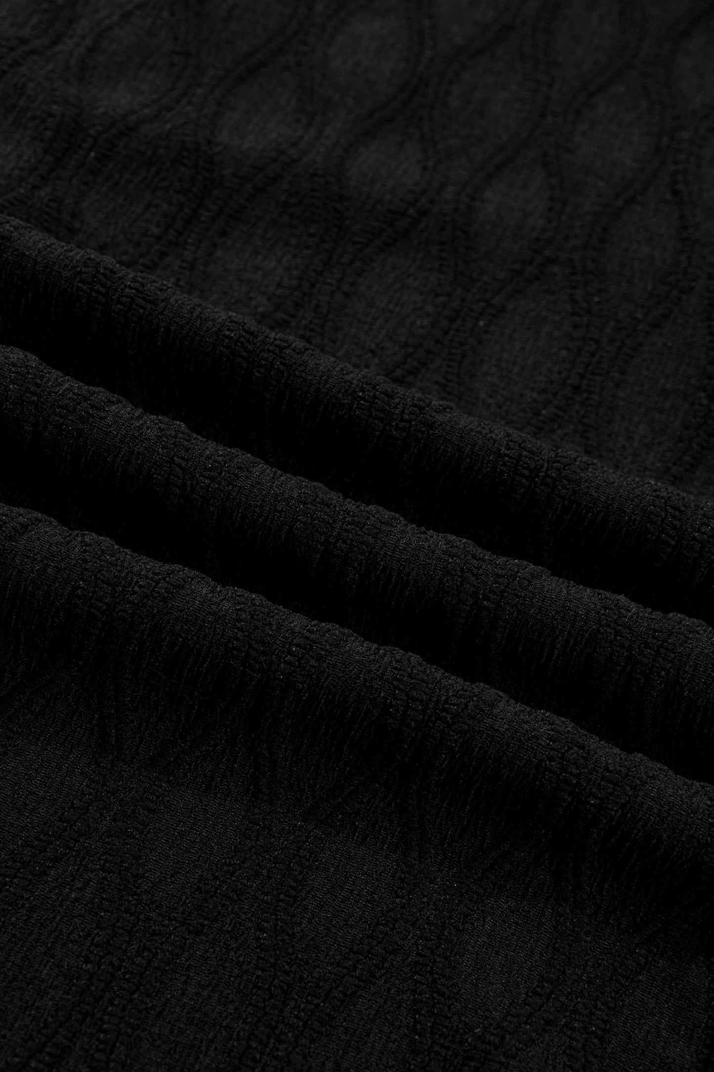 Black Solid Color Textured Notched Neck Puff Sleeve Blouse