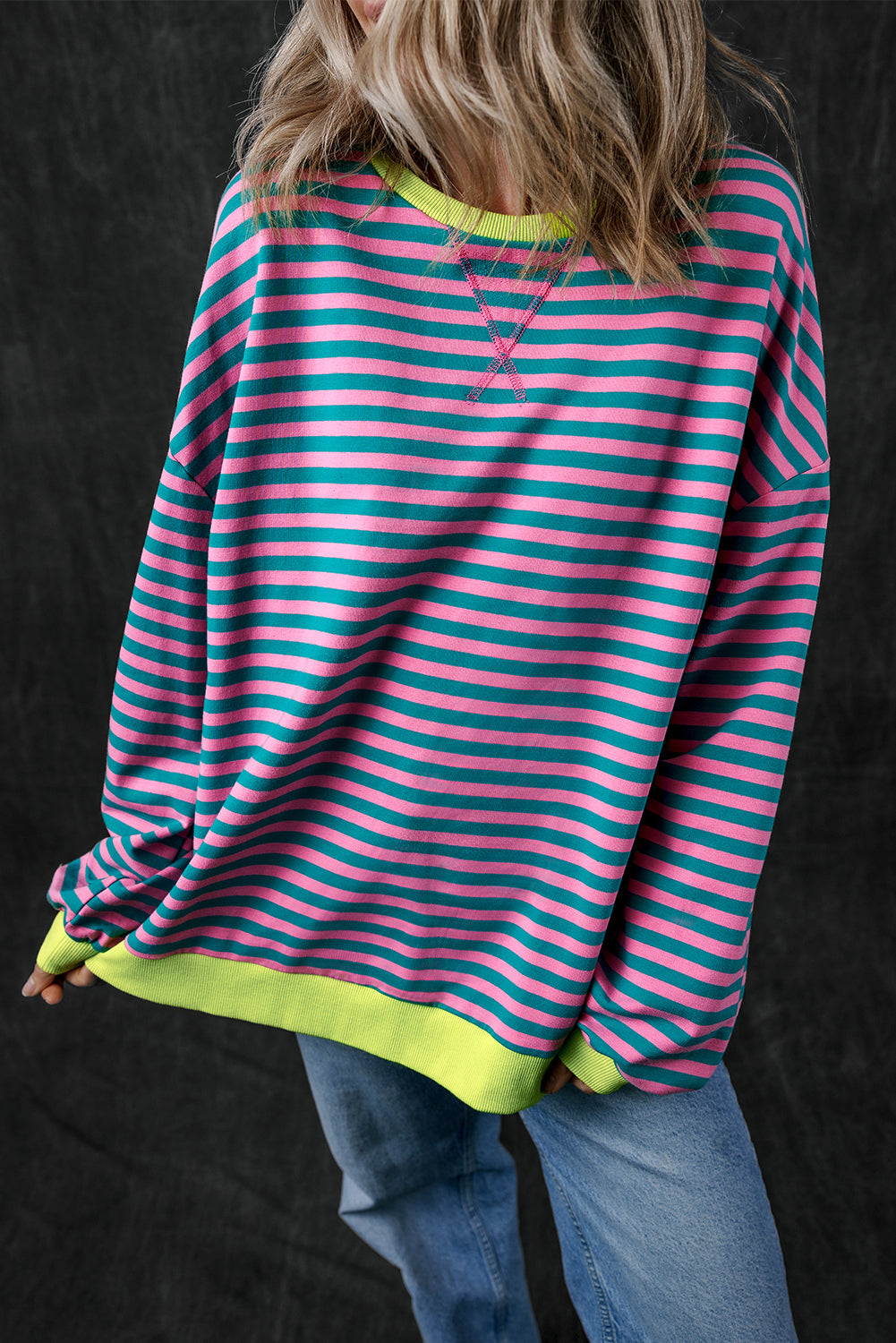 Red Stripe Oversized Contrast Trim Pullover Sweatshirt