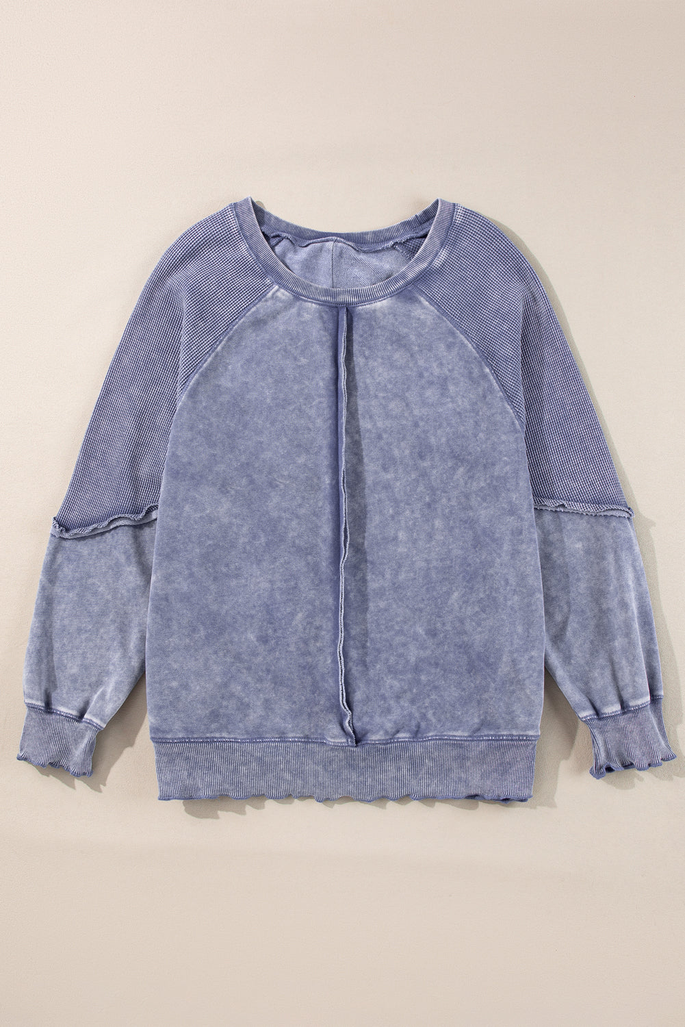 Sail Blue Solid Waffle Knit Patchwork Raglan Sleeve Sweatshirt