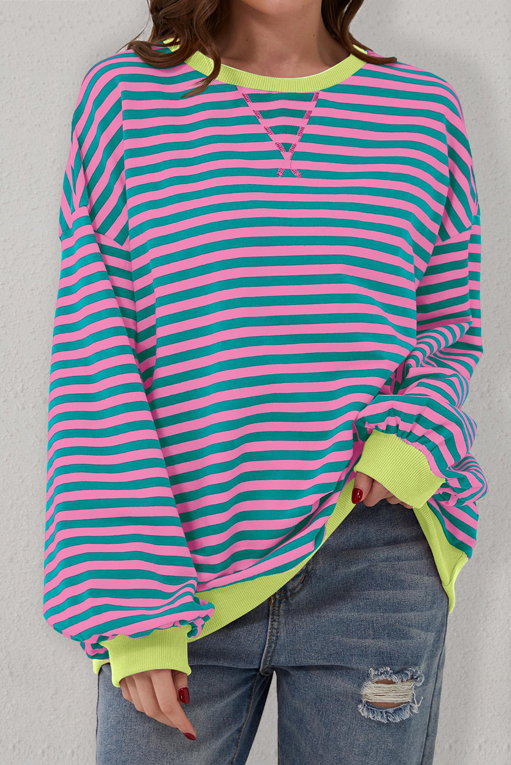 Red Stripe Oversized Contrast Trim Pullover Sweatshirt