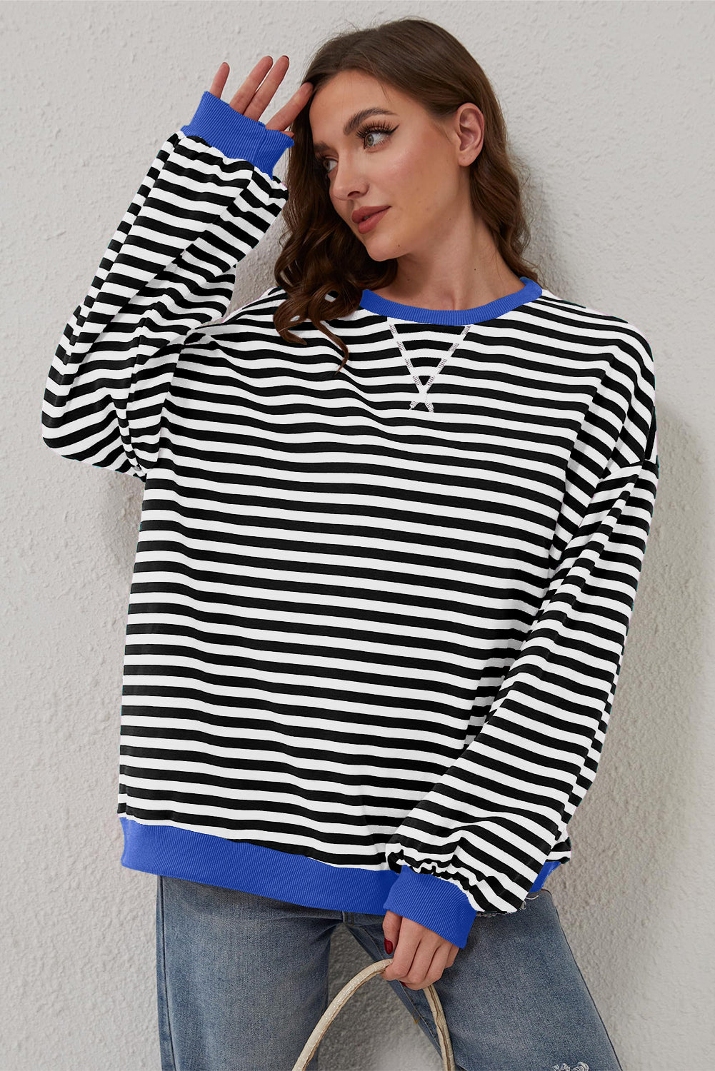 Red Stripe Oversized Contrast Trim Pullover Sweatshirt