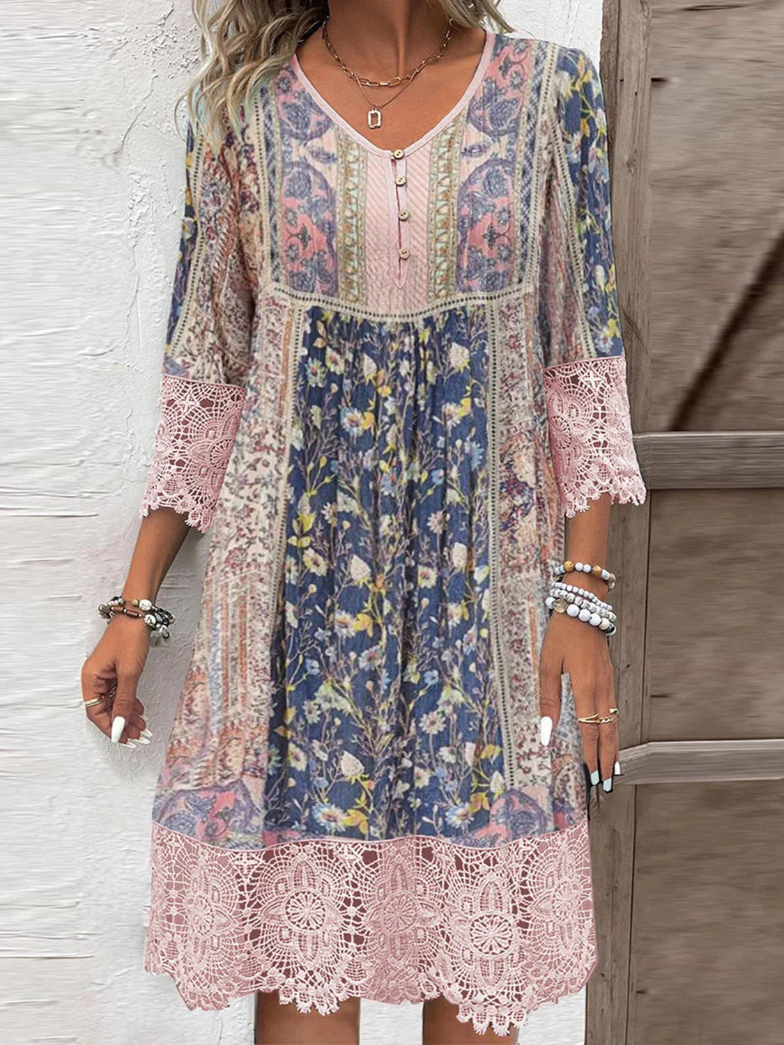 Lace Detail Printed Three-Quarter Sleeve Dress