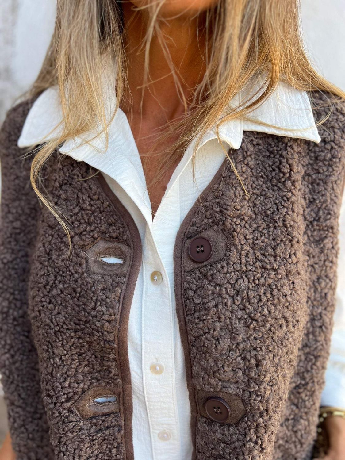 Pocketed Button Up V-Neck Sherpa Vest