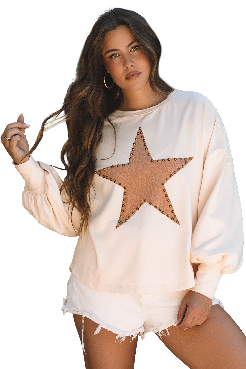 Gossamer Pink Studded Star Graphic Oversized Long Sleeve Top