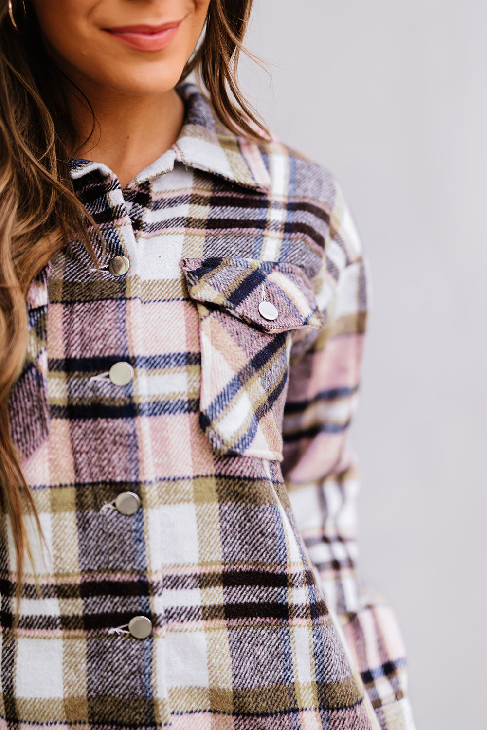 Geometric Plaid Print Pocketed Shacket