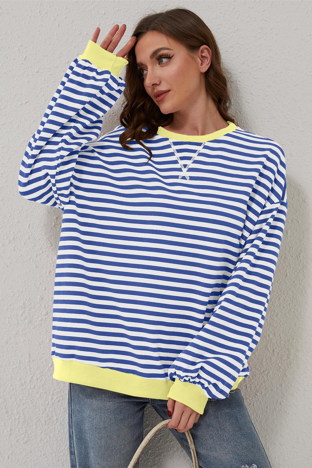 Red Stripe Oversized Contrast Trim Pullover Sweatshirt