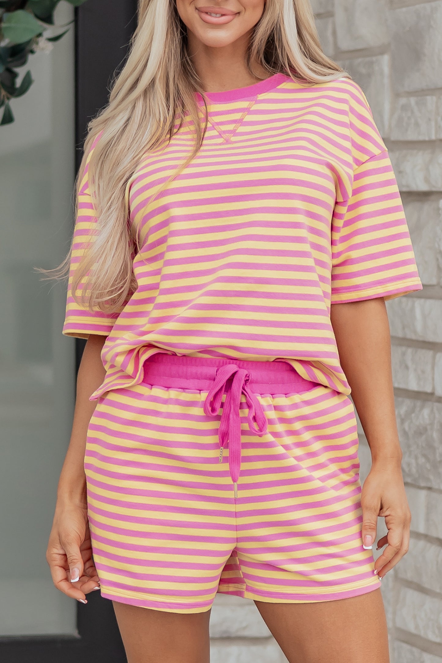 Yellow Stripe Drop Shoulder Boxy Casual Terry Short Set