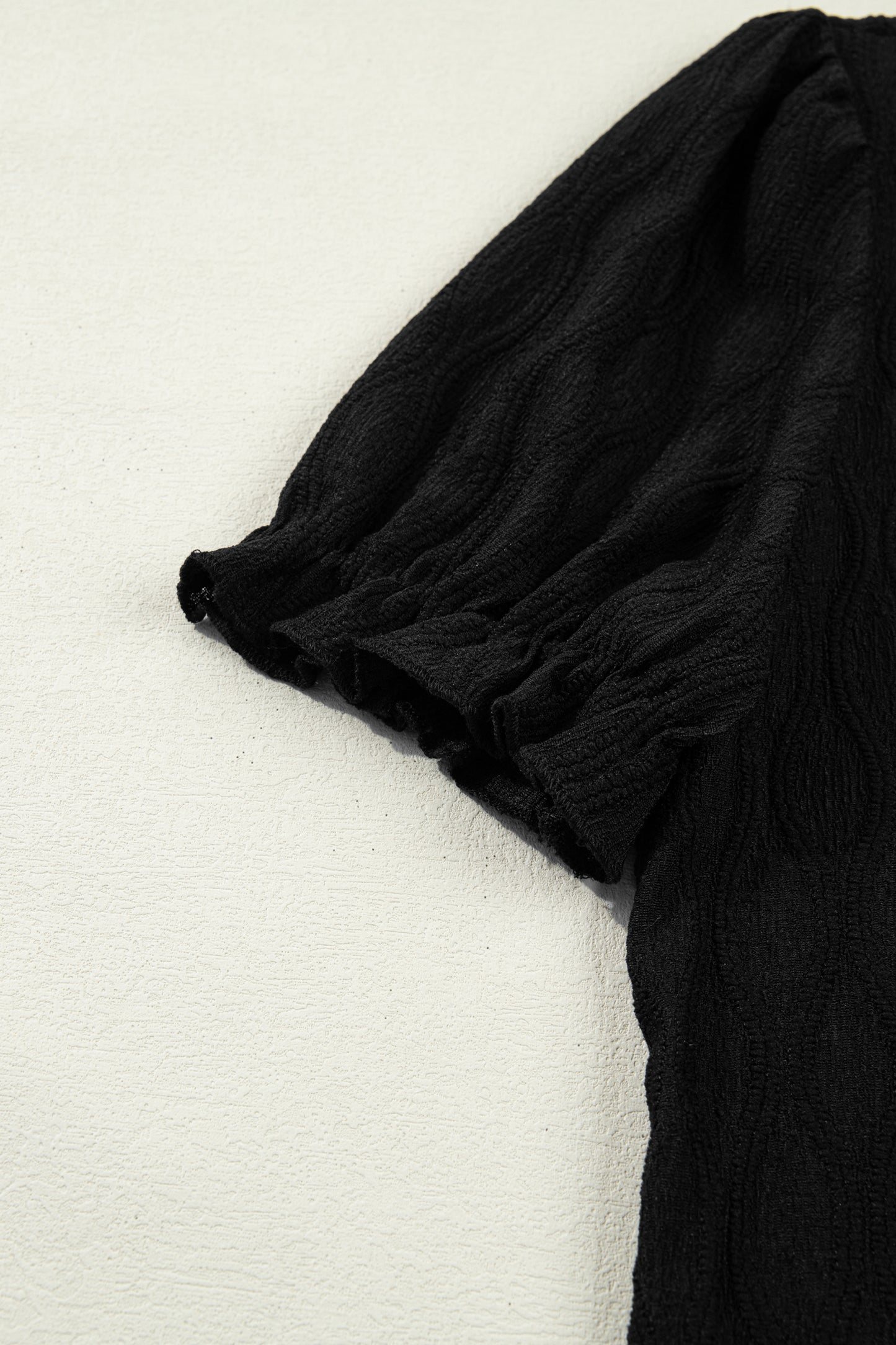 Black Solid Color Textured Notched Neck Puff Sleeve Blouse