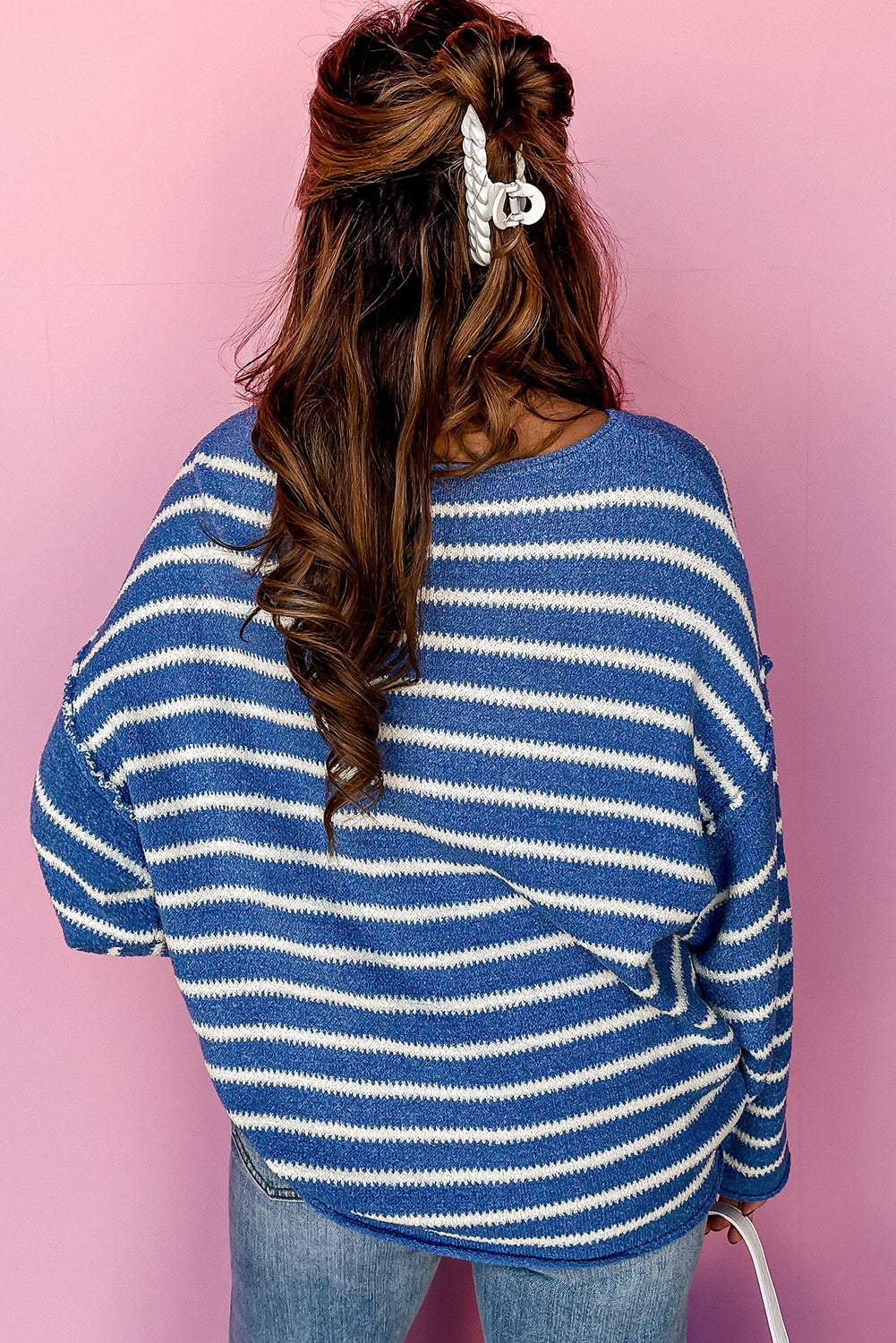 Sky Blue Stripe Drop Shoulder O Neck Plus Size Sweater