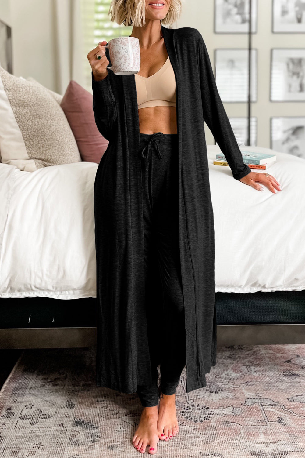 Parchment Split Long Cardigan and Skinny Pants Lounge Set