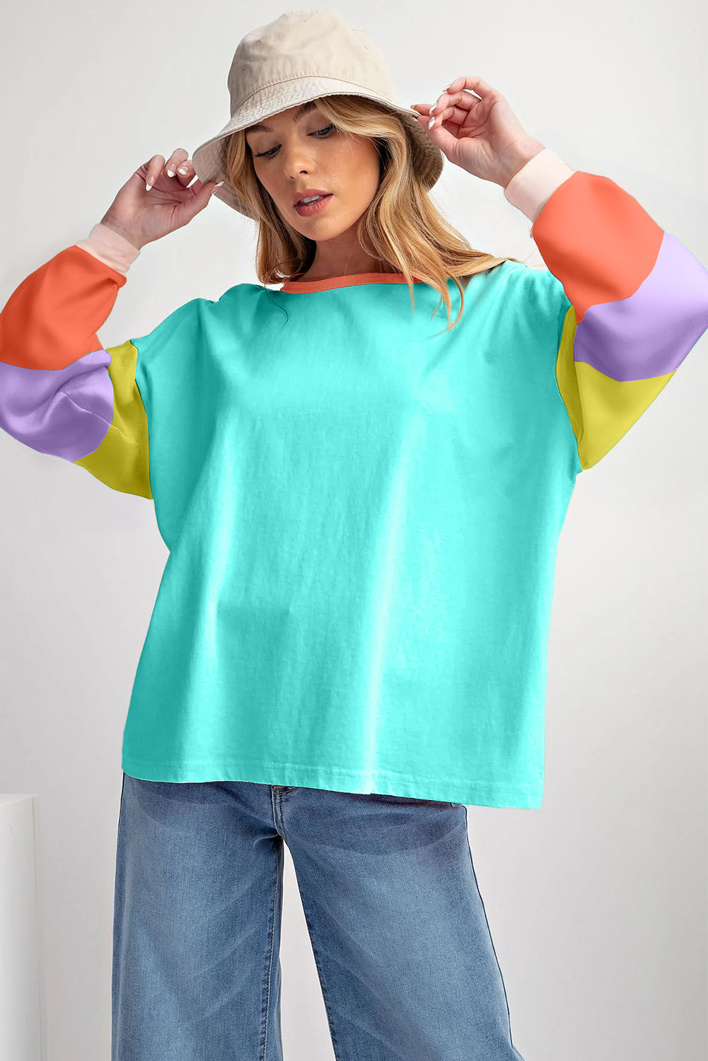 Dark Blue Colorblock Patchwork Long Sleeve Loose Top