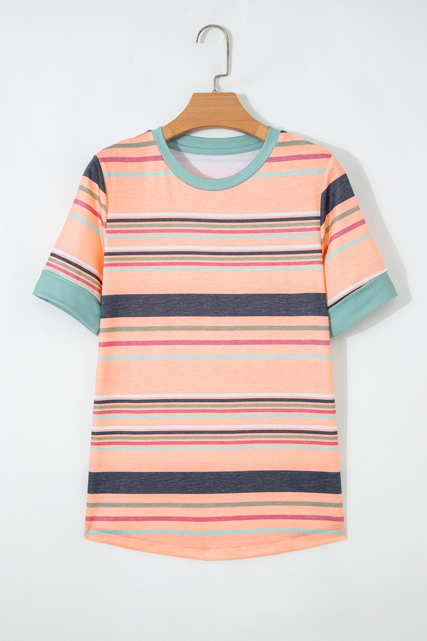 Pink Multicolor Stripes Crew Neck T Shirt
