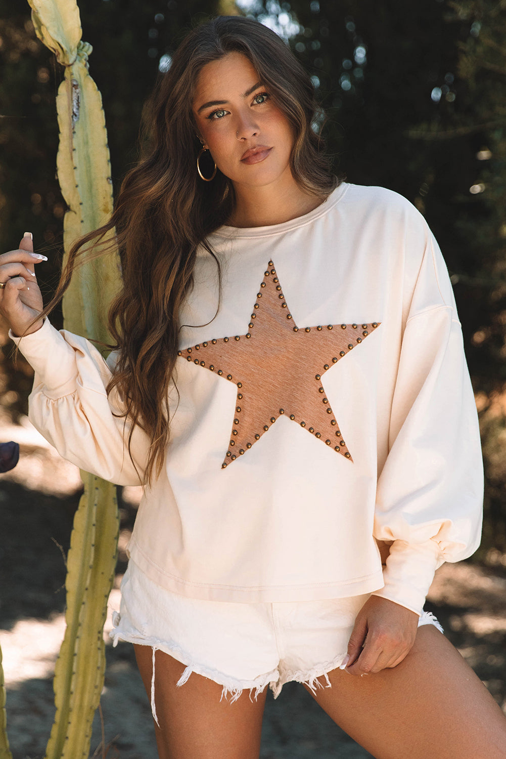 Gossamer Pink Studded Star Graphic Oversized Long Sleeve Top