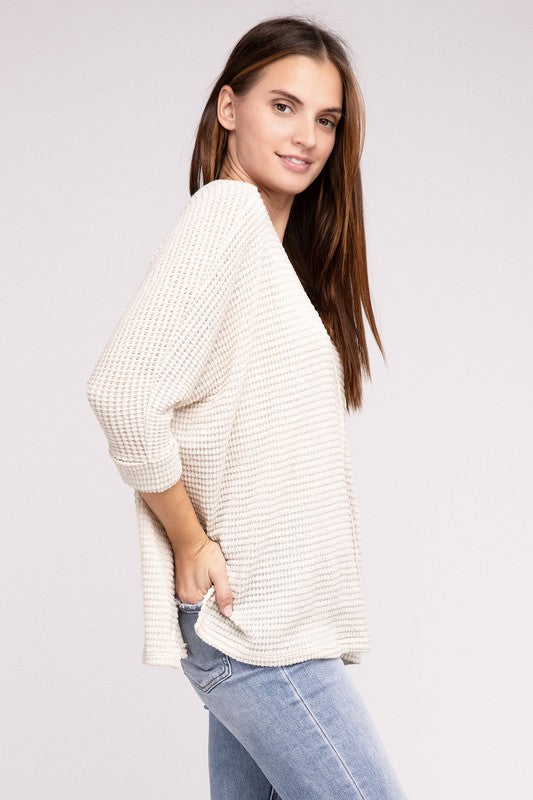 3/4 Sleeve V-Neck Hi-Low Hem Jacquard Sweater