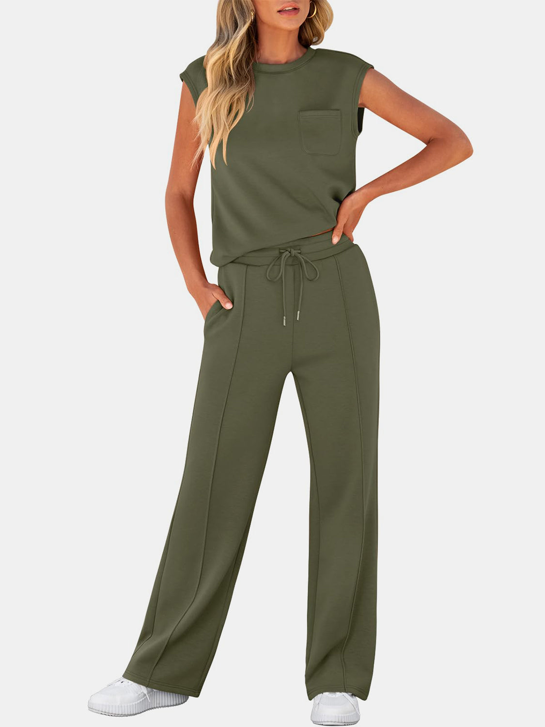 Full Size Round Neck Top and Drawstring Pants Set