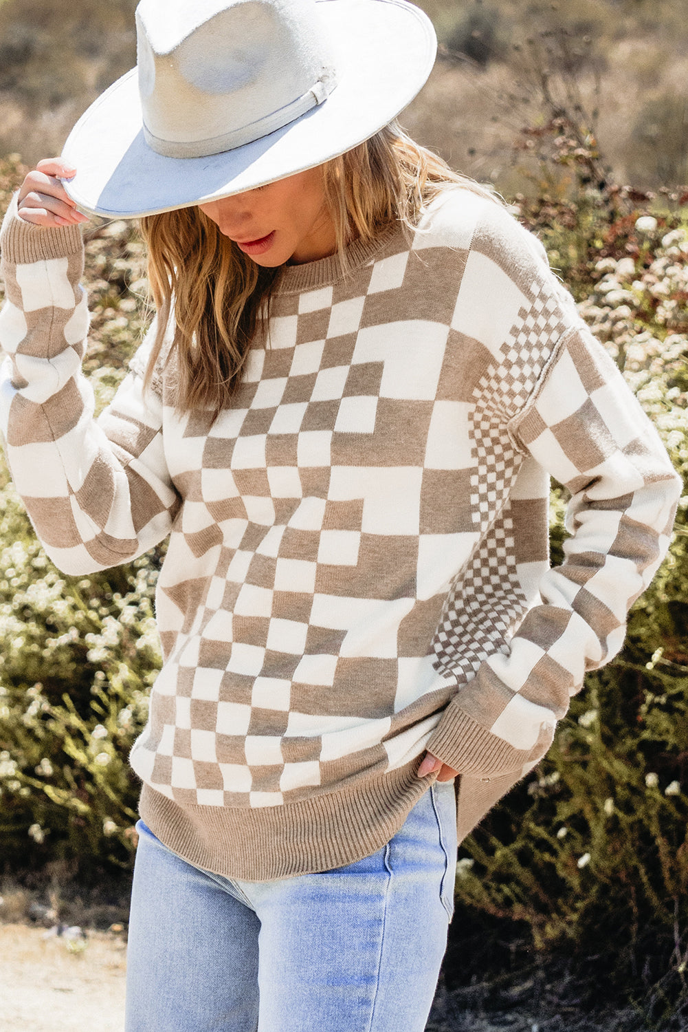 Gray Checkered Print Drop Shoulder Round Neck Sweater