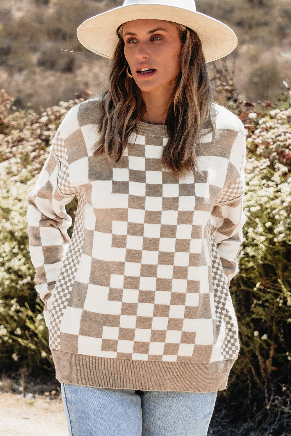 Gray Checkered Print Drop Shoulder Round Neck Sweater