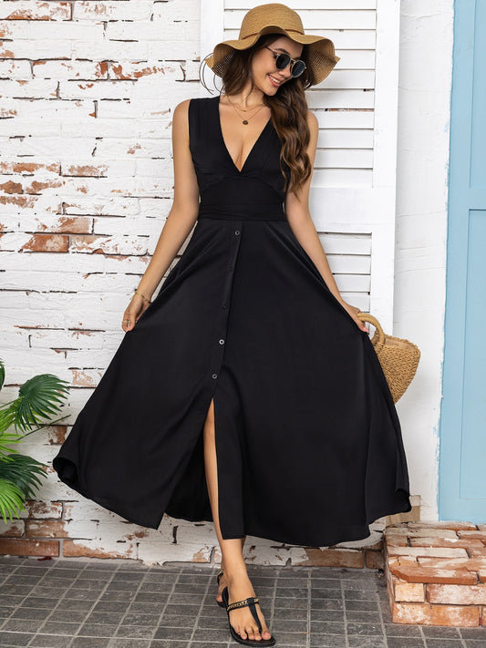 Slit V-Neck Sleeveless Midi Dress