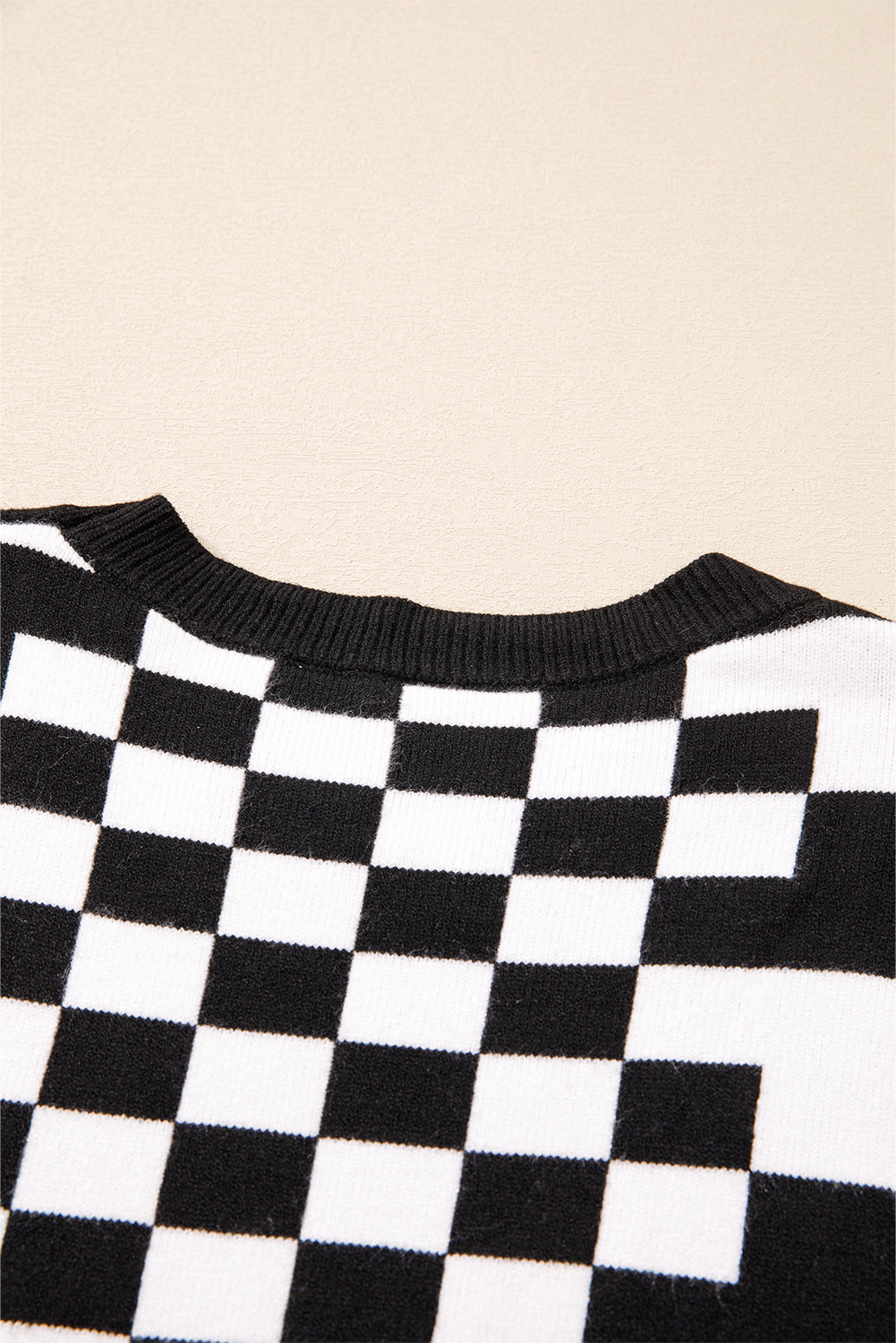 Gray Checkered Print Drop Shoulder Round Neck Sweater