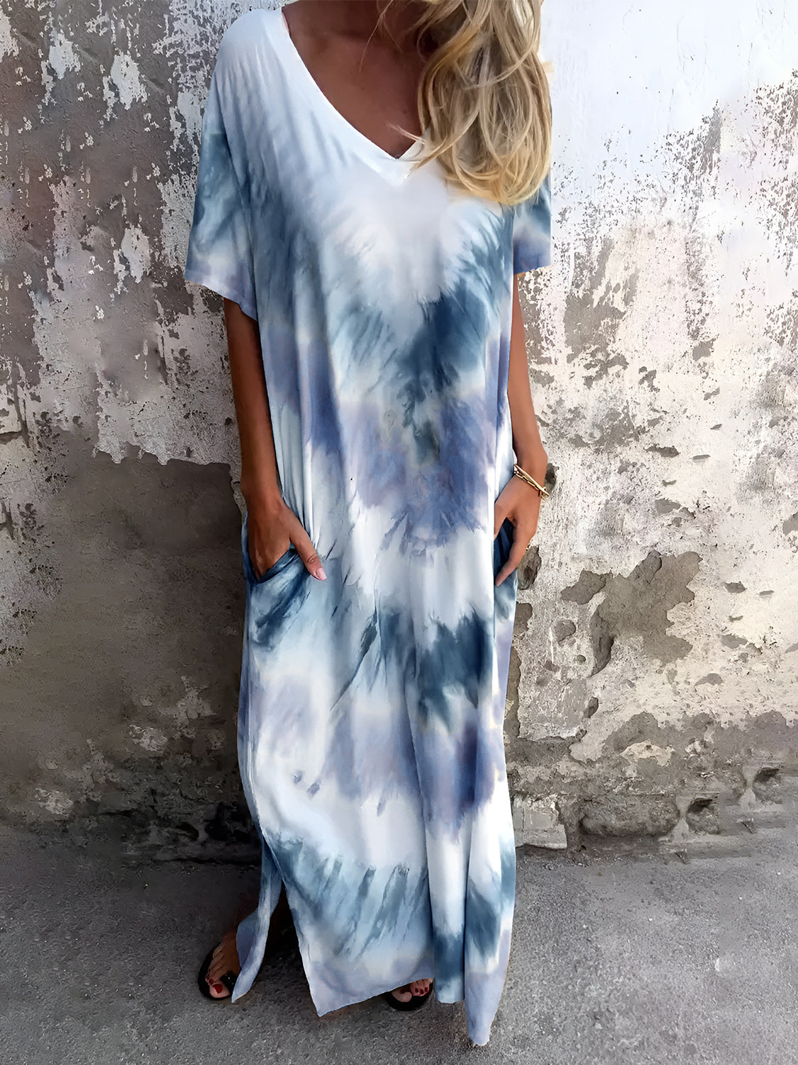 Pocketed Tie-Dye Short Sleeve Dress