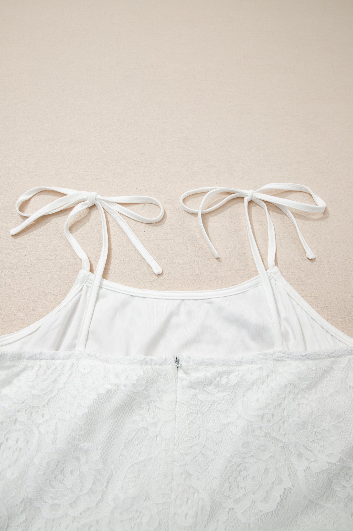 White Tie Spaghetti Straps Floral Lace Overlay Long Dress