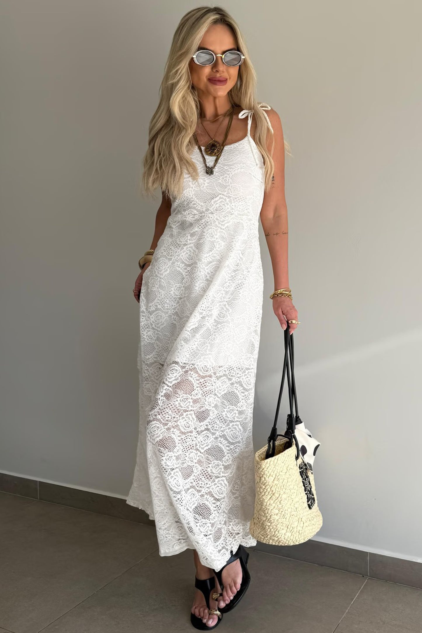 White Tie Spaghetti Straps Floral Lace Overlay Long Dress