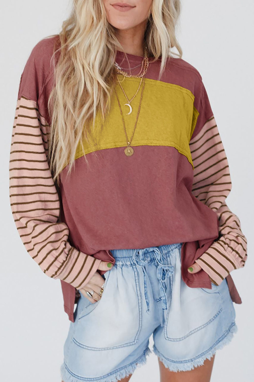 Green Colorblock Striped Bishop Sleeve Top