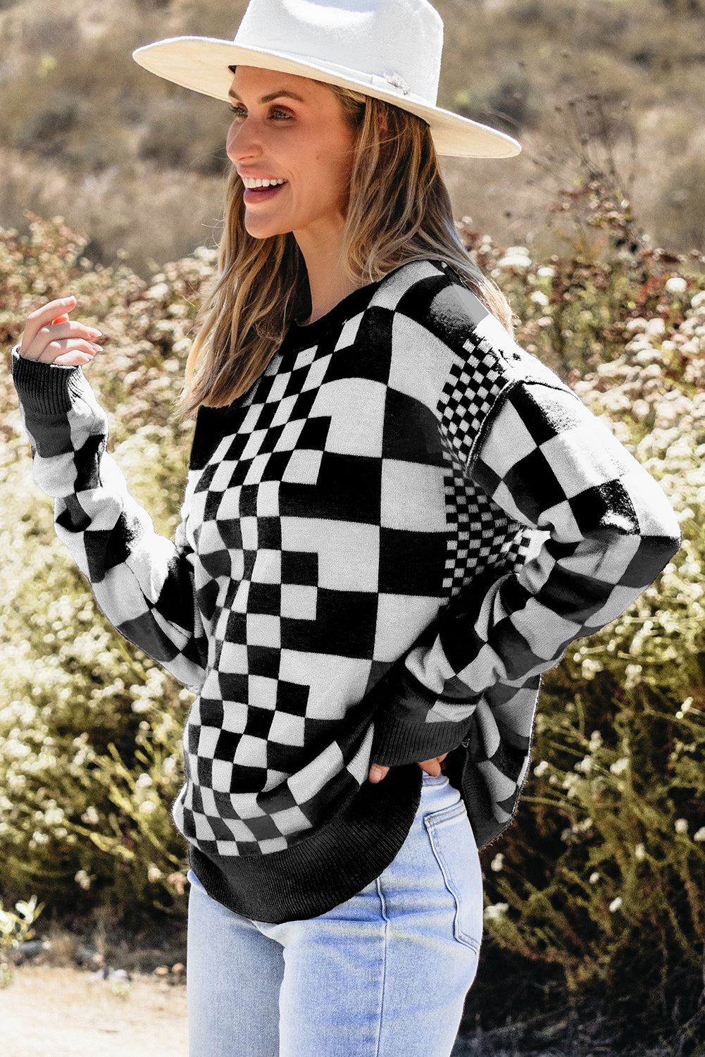 Gray Checkered Print Drop Shoulder Round Neck Sweater