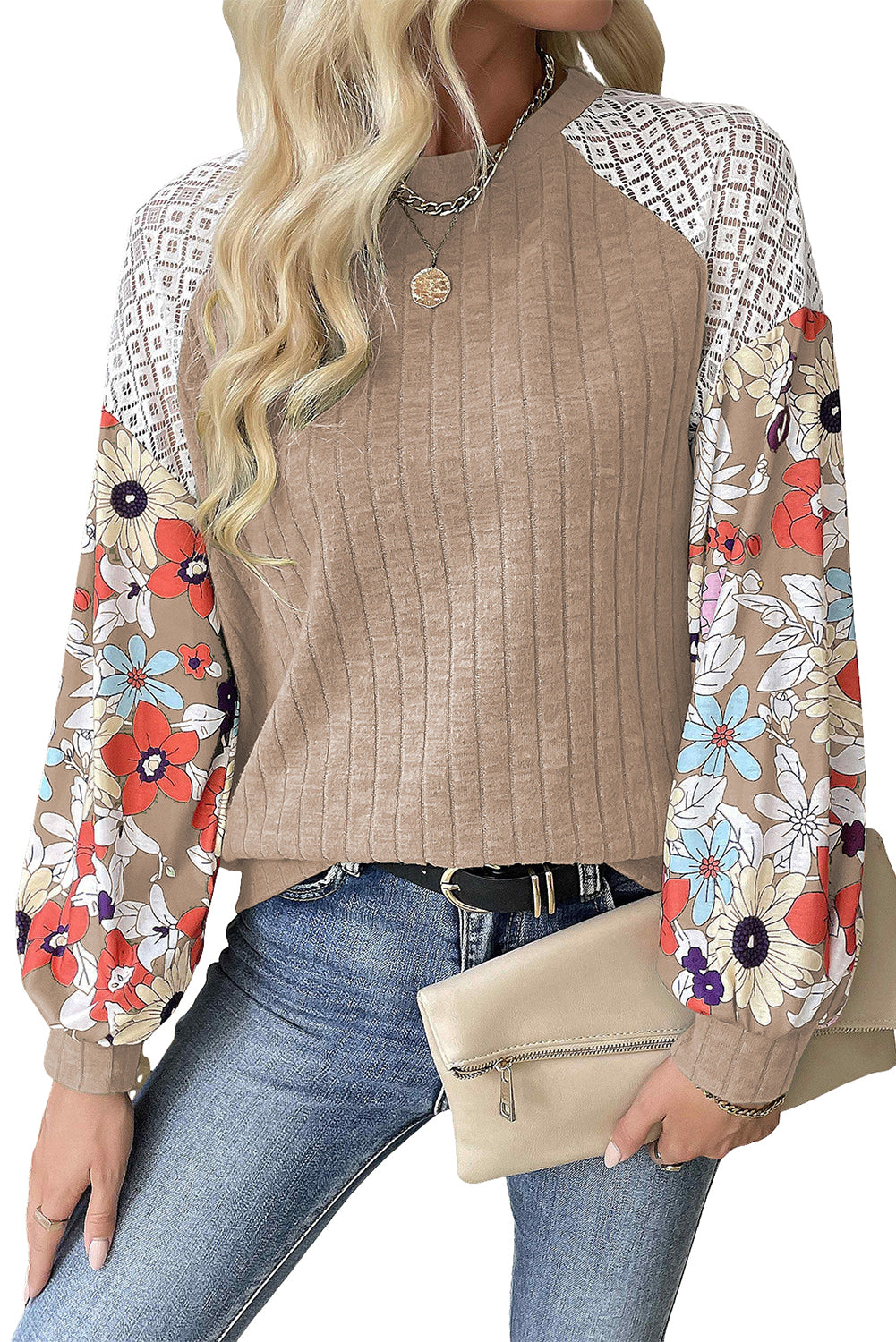 Black Floral Patchwork Long Sleeve Ribbed Blouse