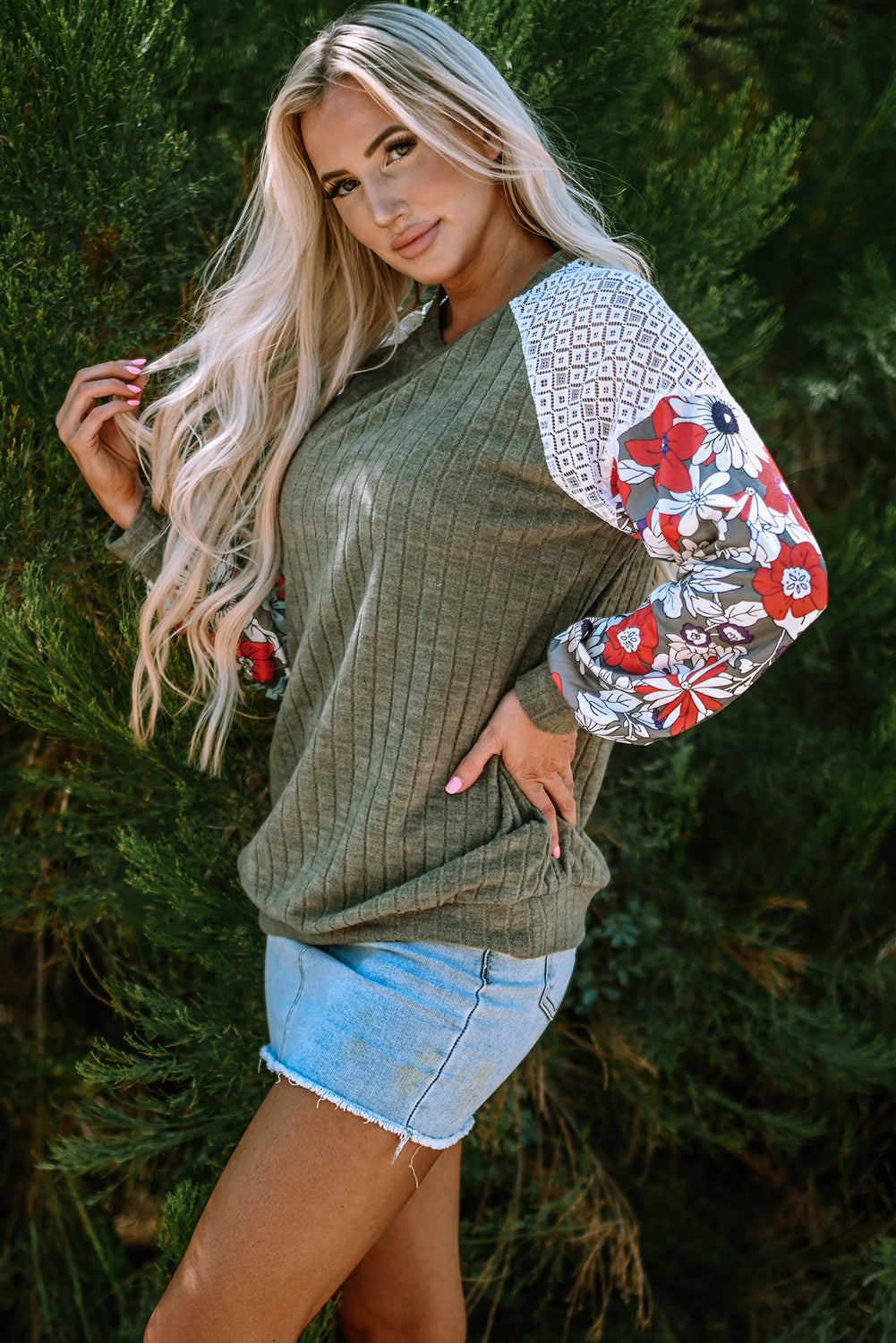 Black Floral Patchwork Long Sleeve Ribbed Blouse