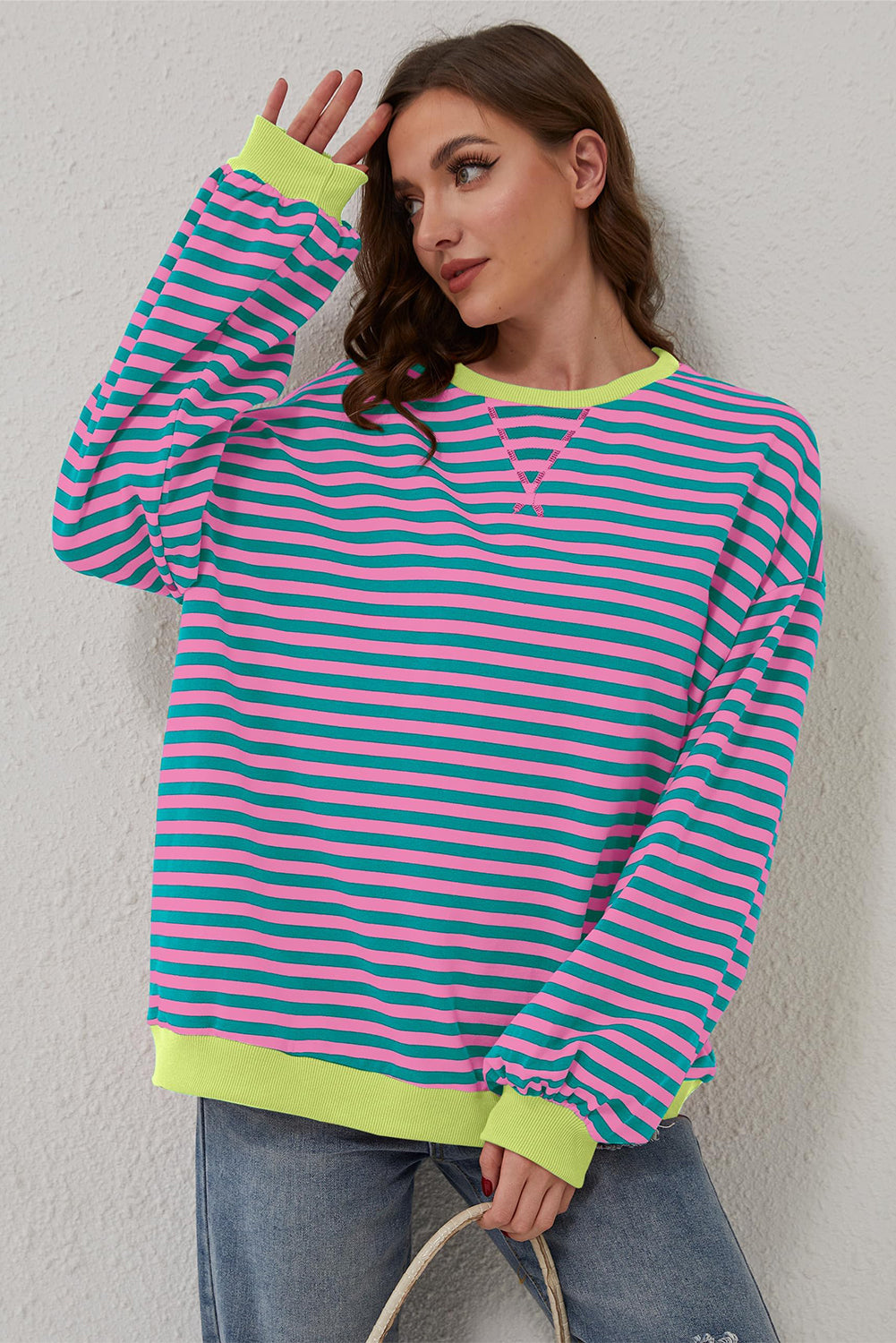 Red Stripe Oversized Contrast Trim Pullover Sweatshirt