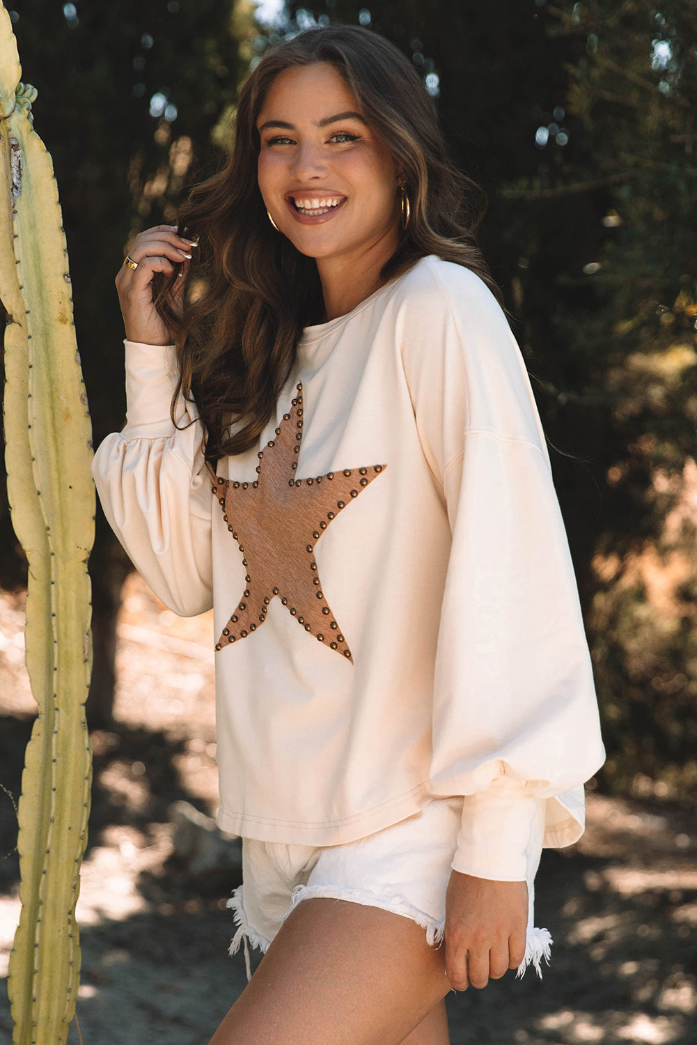 Gossamer Pink Studded Star Graphic Oversized Long Sleeve Top