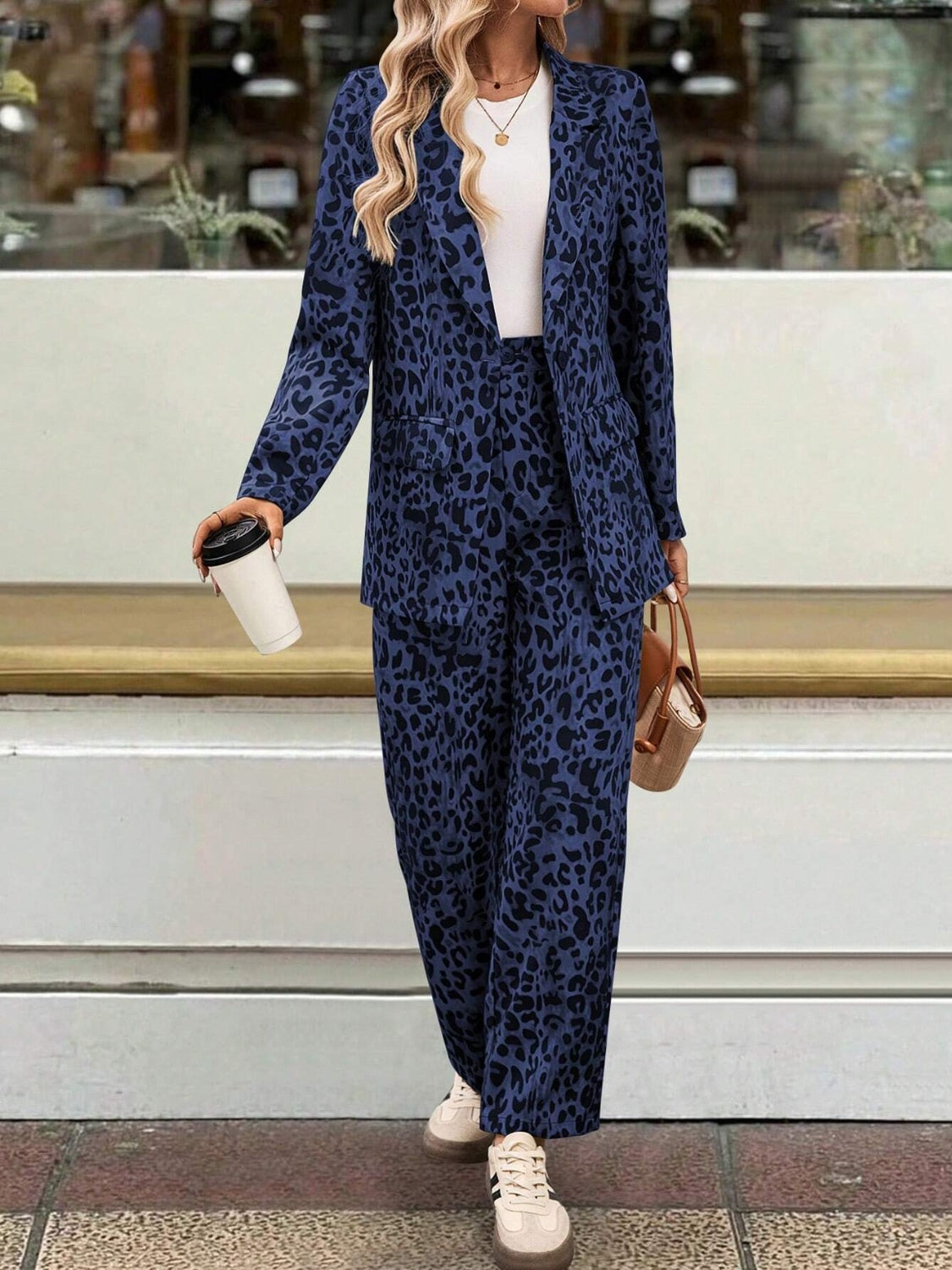 Leopard Lapel Collar Long Sleeve Blazer and Pants Set