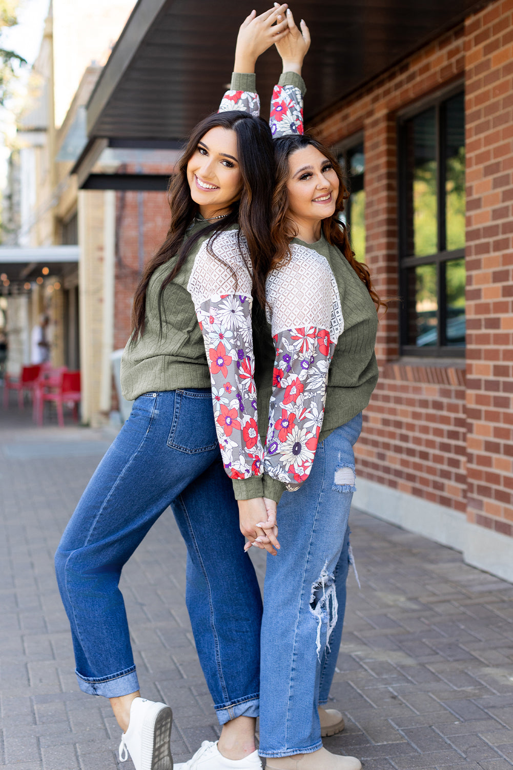 Black Floral Patchwork Long Sleeve Ribbed Blouse